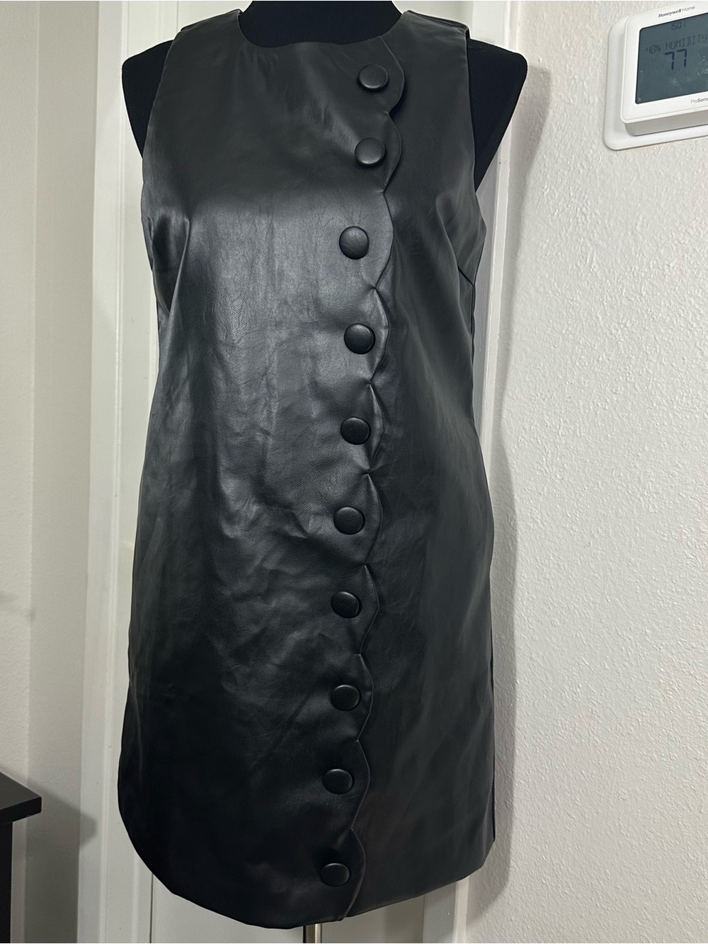 TCEC Black Faux Leather Sleeveless Mini Dress with Button-Front Detail